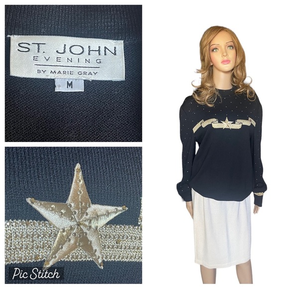 St. John Evening  Gold Star
Ribbon Sweater Black/ivory skirt | Size M/4 - Picture 1 of 16